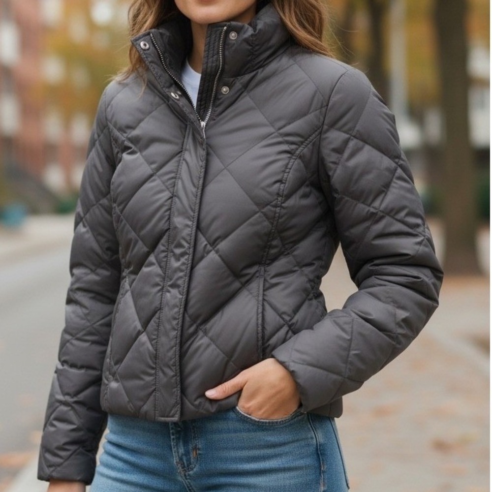 Eddie Bauer Womens Quilted Down Puffer‎ Jacket Full Zip Stand Collar Gray M